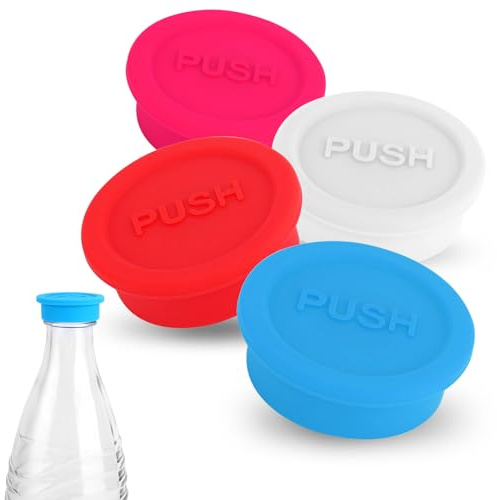 4stk Deckel Glasflaschen für Sodastream, Silikon Soda Flaschenverschluss Wiederverwendbar Verschlussdeckel Wasserflaschenverschluss Abdeckung Kompatibel mit -Glasflasche (Rot, Rosa, Blau, Weiß)