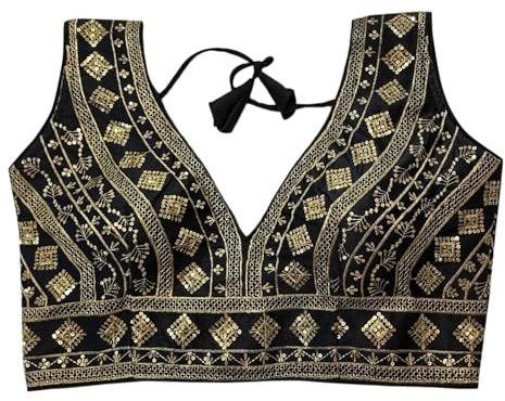 IMTRA FASHION Indisk färdig Tussar Silke Sari Blus för Kvinnor Crop Top Choli, Svart, 62