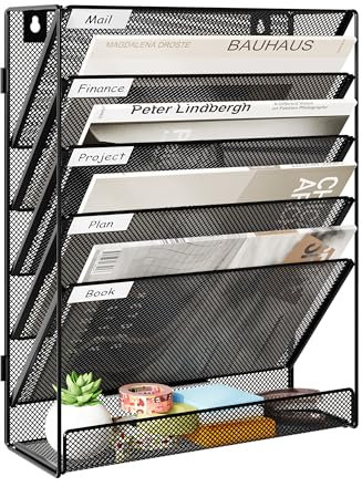 JEBELE 6 Fächer zusammensetzbar Zeitschriftenhalter Wand Bürodokumentenorganizer Hängend Dateiordner Organizer Wandablagefächer mit flachem Bodenfach Datei Etiketten Metall,Schwarz