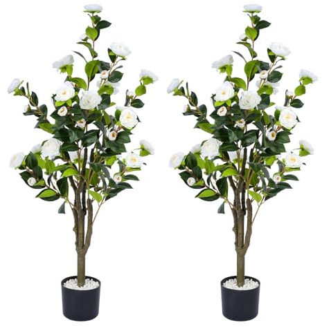 2 Stück Künstlicher Kamelienbaum Kunstbaum 115 cm Kamelie Kunstpflanzen Plastik Kamelienpflanze mit 32 Blüten Künstliche Pflanze für Haus Wohnzimmer Balkon Garten Decor