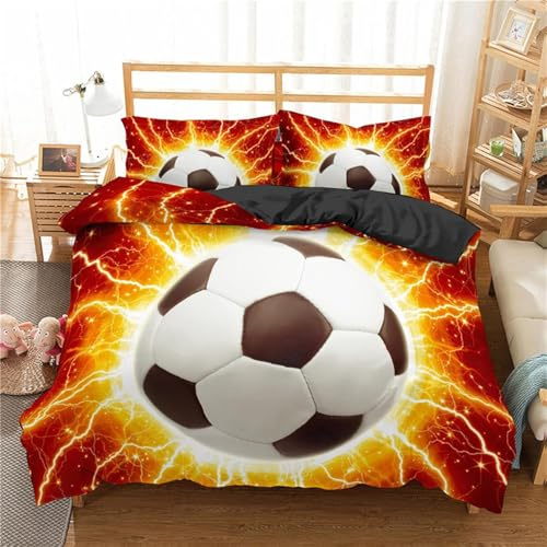 YFSMBD Housse de Couette Football Garçons Flamme 3D Parure de Lit Football Doux Linge de Lit Football pour Adolescents Enfants Cadeaux avec Fermeture Éclair et Taie d'oreiller (D,200X230CM)