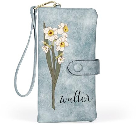 kaululu Damen Portemonnaie Personalisierte mit Gravur Geburtsblume und Namen Langes Geldbörse aus PU-Leder mit Karten Bargeld Münzfach für Mama, Freundin, Ehefrau, (B-Blau)