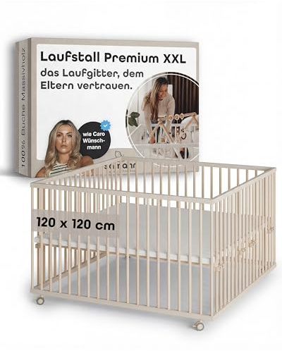 Sämann Baby Laufstall aus Holz I Baby Laufgitter 120x120 cm Sahara Dust/Natur I Robuster & höhenverstellbarer Laufstall aus Buchenholz I Mit gummierten Rollen & TÜV geprüft