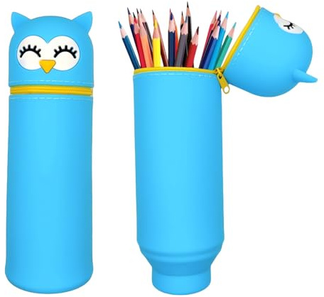 QIUQI 2-in-1 Federmäppchen, Schulmäppchen aus weichem Silikon, Stifte Mäppchen Mädchen Junge, Cartoon Federmäppchen mit Reißverschluss für Kinder Schulbedarf(Eule)