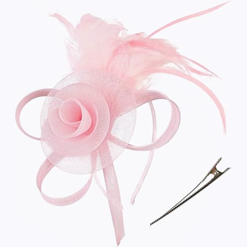 Mesh Flower Feather Fascinators Hat with Clip and Headband Weddings Birthday Cocktail Tea Party Headwear for Girls & Women (Pink, One Size)