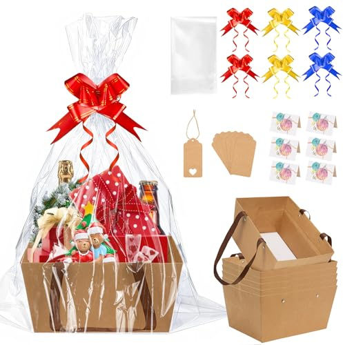 SelfTek Set med 6 presentkorg, tomma papperskorgar med cellofanpåsar, dragrosetter, taggar och gratulationskort, skapa dina egna presentkorgar för födelsedag, jul, bröllop