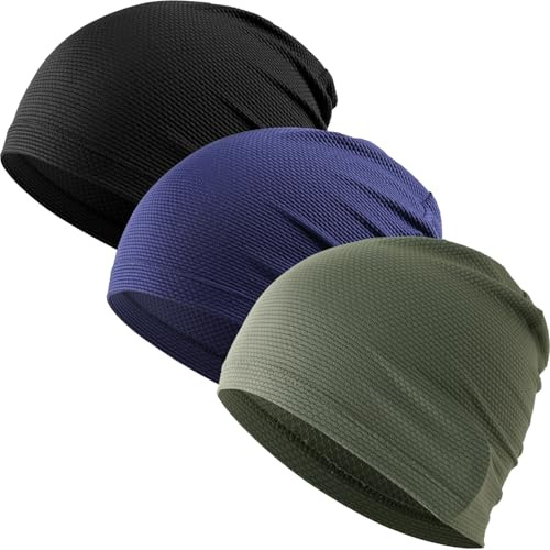 WTACTFUL Cooling Skull Cap for Men Women Breathable Running Caps Sweat Hat Skull Caps Thin Slouchy Beanie for Dreadlock Cycling Motorcycle Riding Hiking Helmet Liner Sport 3Pack Black Blue Deep-Green