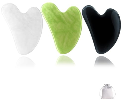 3 PCS Gua Sha-Bretter für das Gesicht, natürliche Jade-Schabepads mit 1 Flanelltasche, Facelifting-Pflegewerkzeuge, herzförmige Massagewerkzeuge für Gesicht, Hals, Körper (weiß, grün, Schwarz)