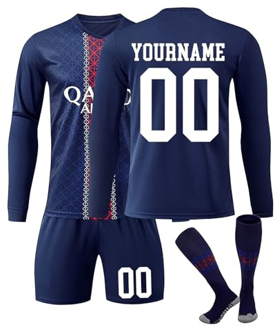 Maillot de Foot Manche Longue Personnalisé avec Nom Nombre, Ensemble de Foot Entraînement T-Shirt Short et Chaussettes Set pour Garçon Et Homme