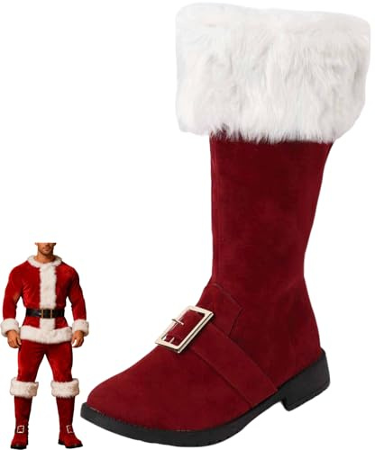 Stivali da Babbo Natale da uomo, larghi, stivali da combattimento con polsini in pelliccia sintetica bianca, cerniera e cinturino con fibbia, accessori per costume di Babbo Natale, calzature per