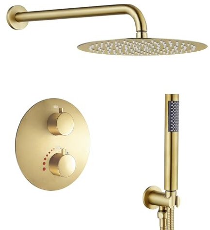 SaniteModar Set Doccia Incasso con Termostato | Miscelatore Doccia Incasso con Soffione a Pioggia 25cm e Doccetta | Oro Spazzolato
