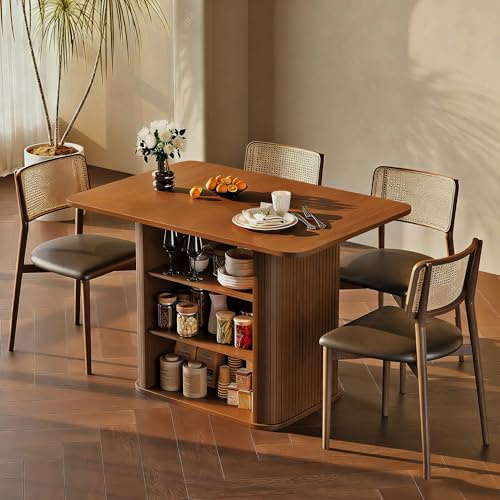 FUQARHY Dining Table for 4, Small Rectangular Kitchen Table for 2 with 3-Tier Storage Shelf, Farmhouse Modern Fluted Wood Table (Walnut)