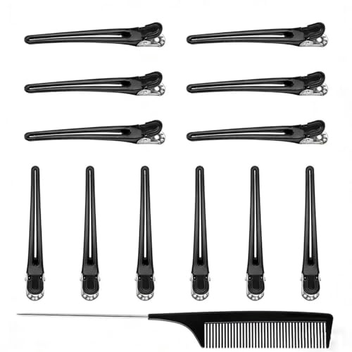 12 Stück Haarklammern Friseur Set - No Trace Haarclips rutschfest zum Abteilen, Stylen und Schneiden, inklusive Schwanzkamm, Abteilklammern für Friseurbedarf, Damen Haarspangen für Salon & Zuhause