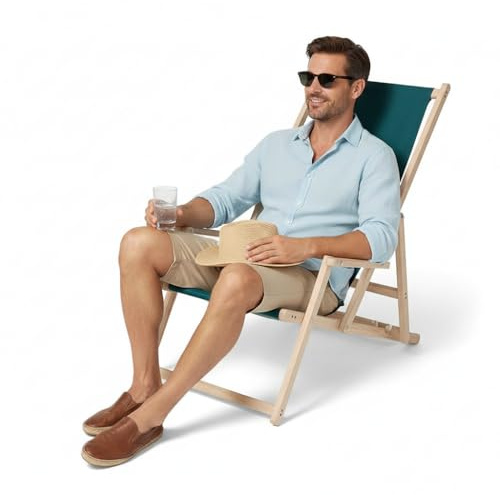 Mucola Strandstuhl Campingstuhl klappbar 3-Fach verstellbar Holz Grün | Mit Armlehnen, und UV-beständiger Polyesterbezug, geringes Gewicht, für Garten, Pool und Urlaub, Liegestuhl, Sonnenstuhl