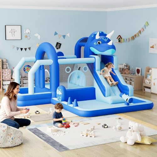 Bouncy Castle, Inflatable Bounce House with Slide, Ball Pit & Large Play Area, Oxford Cloth Inflatable Trampoline with Blower, Bouncer Jumper for Kids Indoor Outdoor 375L x 380W x 250H cm - Blue