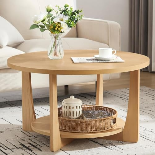 Bekrvio Moderne Runder Couchtisch mit Beinen aus Massivholz, Durchmesser 80cm mit Doppellagiges Ablageregal, Hölzerne Akzent Mitte Tisch für Wohnzimmer, Home Office