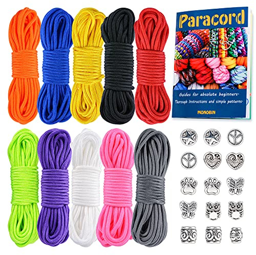 MONOBIN Micro Paracord Kit with Instructions, 10 Colors 20FT 2MM Paracord Combo Kit with Beads for Making Bracelets, Lanyards