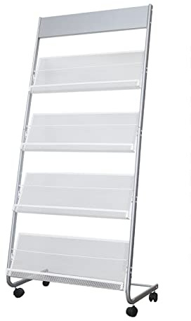 Vmsiuory 4-Layer Iron Magazine Rack with Wheels, Newspaper Rack, Display Rack, Silver (63)