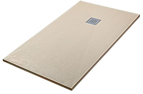 Piatto doccia marmoresina con effetto pietra serie Karen, in diverse dimensioni e colori, spessore ultraslim 3 cm, riducibile su misura, COMPLETO di kit scarico (70x100, Beige)