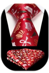 HISDERN Cravate Noel Rouge Homme Cravate de Noel Cadeau Drole de Poche Ensemble Noël de Dîner Fete Père Noël Neige