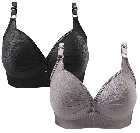 2 Pack Plus Size Bras for Women Non Wired Comfy Adjustable Straps Push Up Bra UK Clearance Underwear Solid Colour Breathable Everyday Bras Gray