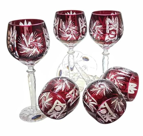 MaRika Set de verres à vin en cristal – 280 ml, rouge rubis, fait main – Lot de 6 verres à vin, parfait pour le vin rouge et le vin blanc, idée cadeau