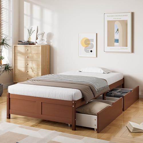 LAKFEW Kinderbett Flachbett 90x200 cm, Einzelbett mit 2 Stauraum Schubladen auf Rollen, Jugendbett Holzbett mit Lattenrost aus Holz, Rotbraun, Ohne Matratze