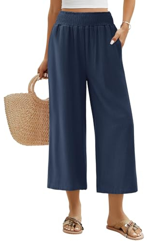 Niwicee Leinenhose Damen Sommer 3/4 Culotte Leichte Weite Leinenhose Sommerhose Elastische High Waist Loose Freizeithose Elegante Lounge Hosen mit Taschen (Dunkelblau, L)