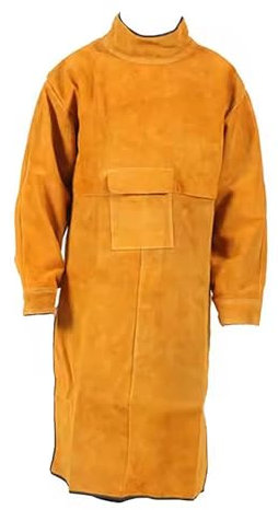 Delantal de soldadura ignífugo, abrigo largo de piel de vaca, ropa protectora, traje de soldador, cuero duradero, protección adicional, longitud 120 cm, amarillo, 120 cm