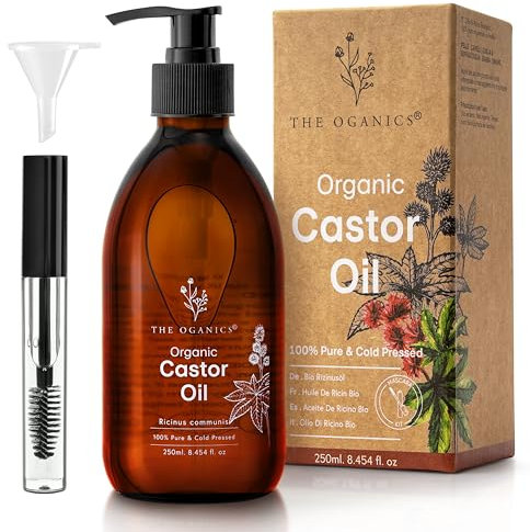 THE OGANICS® Organic Castor Oil 250 ml - 100% Pure, Natural & Cold Pressed for Eyelashes, Eyebrows, Beard & Nails - Vegan and Hexane Free - Castor Oil + Glass Bottle + Pump + Mascara Kit