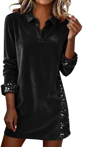 Glitzer Kleid Damen Party,Pailletten Samt Blusekleid V-Ausschnitt Sparkly Long T-Shirt Kleid Lockeres Minikleid Langarm Freizeitkleid Glitzer Kleid Festlich Elegant Partykleider