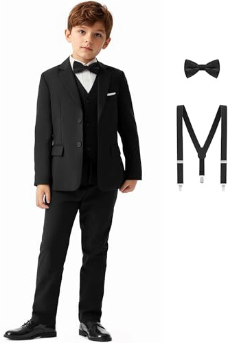 QUELDRA Completo da Ragazzo Abito Aderente con Blazer, Gilet, Pantaloni, Bretelle e Papillon Abiti da Festa di Nozze 4-14 Anni