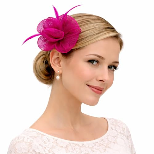 Finecy In New Women Ladies Small Flower Feather Fascinator Brooch Clip Party Royal Ascot Wedding Race New (Fuchsia)