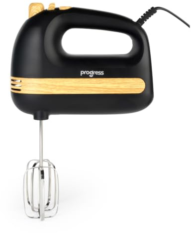 Progress Skara Hand Mixer 400W, 5 Speed With Turbo, Black | Stainless Steel Beaters And Dough Hooks Included, Variable Speed Control, Lightweight Design, Wooden Accents, Compact Storage