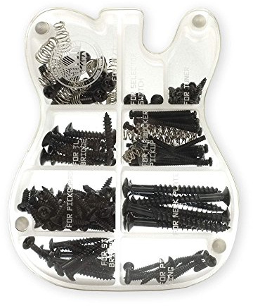 MAKA Gitarrenschrauben-Set Sortiment mit benutzerdefinierter Acryl-Aufbewahrungsbox für E-Gitarrenbrücke, Tonabnehmer, Schlagbrett, Stimmgerät, Schalter, Halsplatte, mit Federn, Schwarz