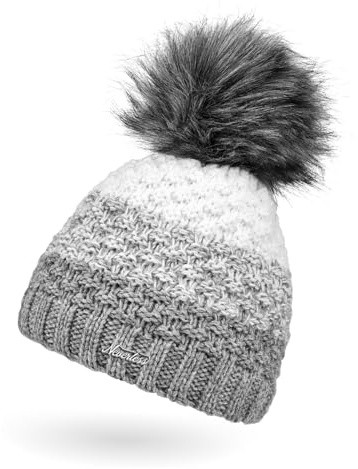 Neverless® Damen Strick-Mütze gefüttert Fleece-Innenfutter Fell-Bommel Kunstfell Winter-Mütze Bommelmütze Grobstrick Mehrfarbig