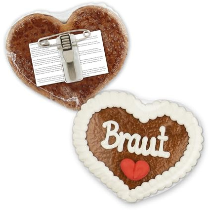Lebkuchenherz Braut mit Anstecker, 8 cm, für Hochzeit & JGA | LEBKUCHEN WELT Herz Anstecker für Hochzeit | JGA Buttons & Anstecker | Junggesellinnenabschied Ideen für Frauen – Deko
