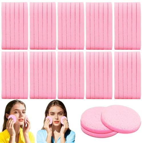 120 Pcs Facial Sponges Compressed,Face Cleansing Sponge,Makeup Removal Sponge Pads,Exfoliating Wash Round Sponge for Women,Girls,Pink