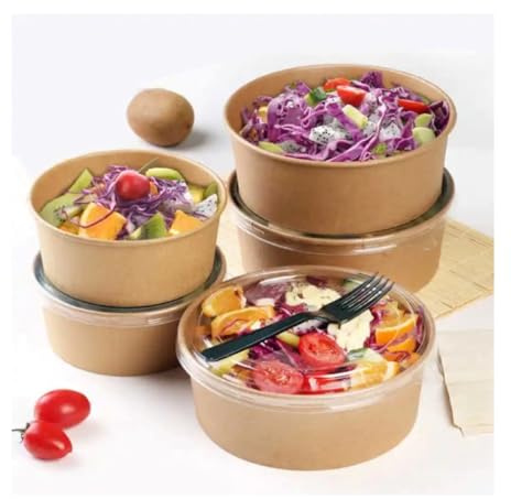HOT BARGAINS Kraft Paper Salad Bowls with Reusable Lids, 26oz/750ml, Disposable Food Containers for Takeaway, Pack of 150