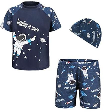 FedMois Kleinkinder Jungen Badeanzug 3-teiliges Schwimmkleidung Set Badeshirt Badeshorts Bademütze, Astronaut, Gr. 134/140 (Herstellergröße 4XL)