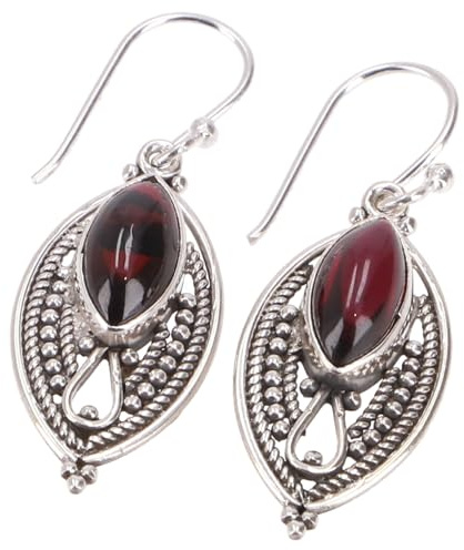 GURU SHOP Indische Silberohrringe, Ethno Ohrringe, Boho Ornament Ohrhänger - Granat, 3x1 cm