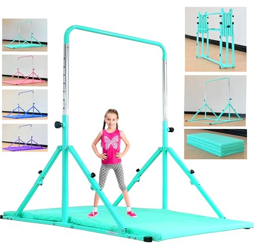 MARFULA Foldable Gymnastic Bar for Kids Ages 3-12, 9 Height Levels, 200 lbs Weight Capacity, 5 Ft Length Gymnastic Kip Bar with Mat, Gymnastic Equipment for Home and Gym Center Indoor Outdoor Use