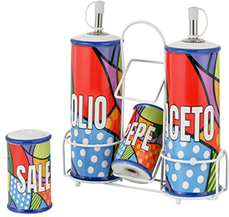 Baroni Home Menage Olio Aceto Sale Pepe in Ceramica Linea Pop con Stand in Metallo, 21x8x22 cm