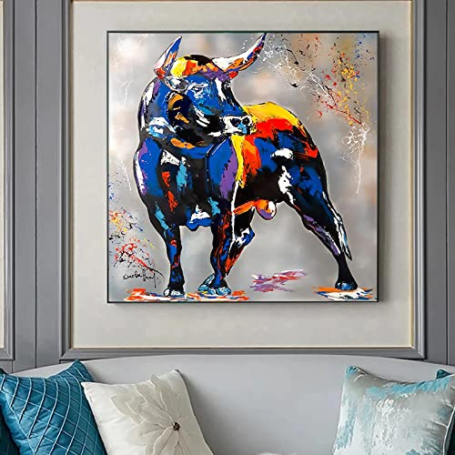 Graffiti Wall Art Decor Stier Leinwand Malerei Abstraktes Tier Poster Wandkunst Bild für Wohnzimmer Heimtextilien 90x90cm(35x35in) mit schwarzem Rahmen