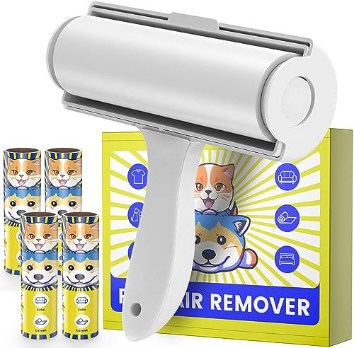 Extra Klebrig Fusselrolle für Kleidung Betten und Sofas, 16cm Lint Roller, Tierhaarentferner Fusselbürste für Katzenhaare, Hundehaare und Teppich, 1 Abroller mit 4 Ersatzrollen je 60 Blatt