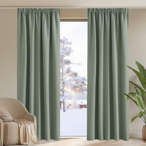 PONY DANCE Pencil Pleat Thermal Curtains 90 Inch Drop Sage Green - Bedroom Blackout Curtains Thermal Insulated Privacy Protected Windproof Drapes for Nursery Living Room, W90 X L90, 2 Panels
