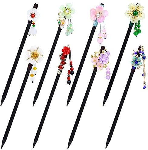 inSowni 8 Pieces Vintage Retro Asian Japanese Chinese Traditional Hanfu Flower Wooden Hair Sticks with Bead Pendants Hair Pins Forks Chopsticks Headpieces for Women Girls Teens Buns Updos