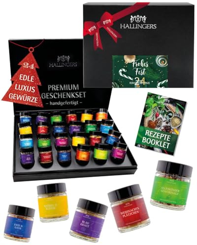 Hallingers Genuss Manufaktur Gewürz Weihnachts-Geschenk-Set - 24 Gewürze aus aller Welt in wertiger Geschenkbox mit Rezept-Booklet Frohes Fest, Weihnachten für Frauen Männer