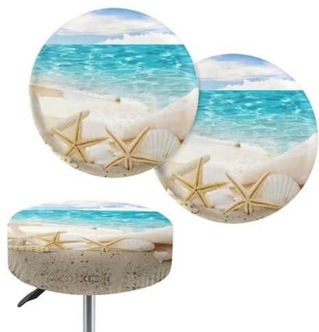 NETILGEN 2 Pack Round Stool Seat Covers Chair Seat Cushion Slipcover Stretchy Stain Resistant Anti-Slip Breathable Barstool Protective Cover for Round Bar Stool, Beach Starfish Conch