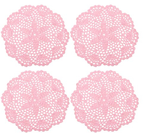 sourcing map Centrini all'uncinetto, 4 pezzi, 20,3 cm, sottobicchieri in cotone fatti a mano, tovagliette rotonde in pizzo con motivi floreali per decorazioni per feste di nozze (rosa)